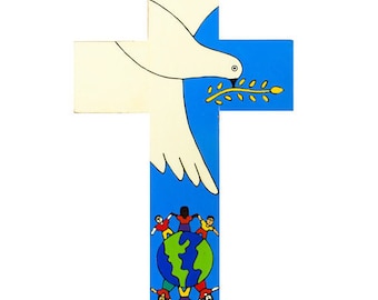 Hand Painted Holy Spirit Cross. 4" (10cm) High. Beautiful bright colours and imagery. A perfect Confirmation or Holy Communion Present.