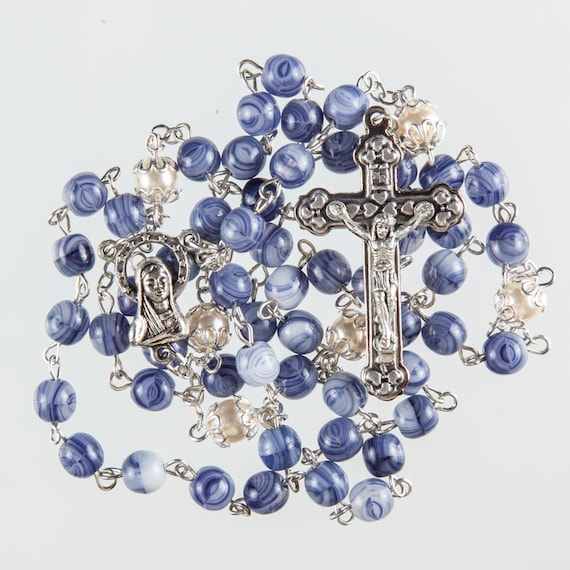 Blue Rosary Pearl Effect Filigree Pater Strong Metal