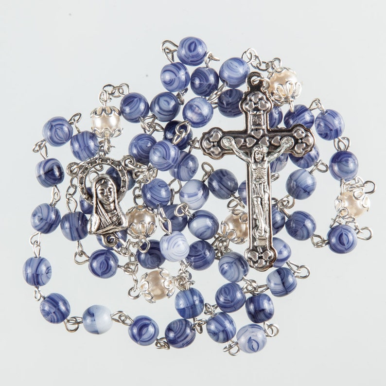 Blue Rosary Beads. Pearl Effect Filigree Pater Beads. Strong Metal Wire
