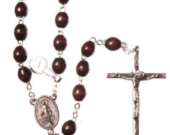 Hand Made Brown Wood Bead Rosary Beads. Supplied with extra strong wire and traditional metal crucifix. Perfect Holy Communion Present.