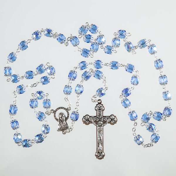 Large Carved Glass Blue Rosary Beads. Hand made with Filigree Covering on each Bead. Strong Rosary Beads.