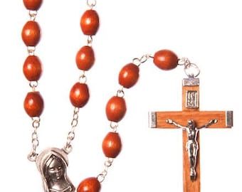 Brown Wood Rosary Beads. Made by hand with extra strong wire. Traditional Crucifix. Our Lady Junction Centre Piece.