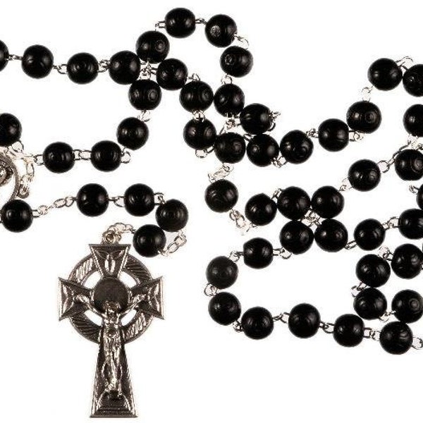 Celtic Cross Crucifix Rosary Beads. Hand made Black Wood Bead Rosary Beads.