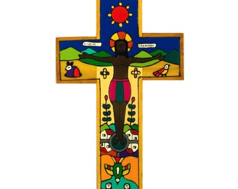 10" (25cms) Hand painted wood New Creation Cross. Made in a Co operative in Latin America. Lovely Holy Communion Present,