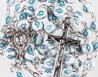 Hand Made Rosary Beads. Blue Cross design on each Bead. Lovely First Holy Communion Present.