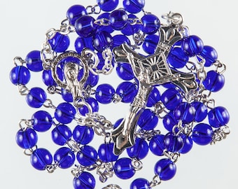 Blue Glass Bead Rosary Beads. Strong Metal Wire Links. Metal Crucifix and Centre Piece. Made by Hnad