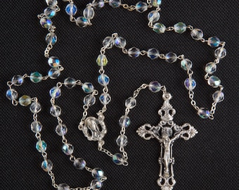 Traditional Roman Catholic Rosary Beads. Hand Made Clear Crystal Rosary. Great Holy Communion or Confirmation Present.