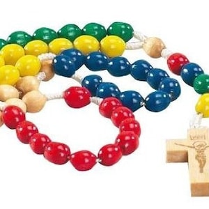May include: A colourful wooden rosary with red, yellow, green and blue beads. The rosary has a wooden crucifix with a figure of Jesus.