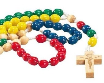 May include: A colorful wooden rosary with red, yellow, green, and blue beads. The rosary has a wooden crucifix with a figure of Jesus.