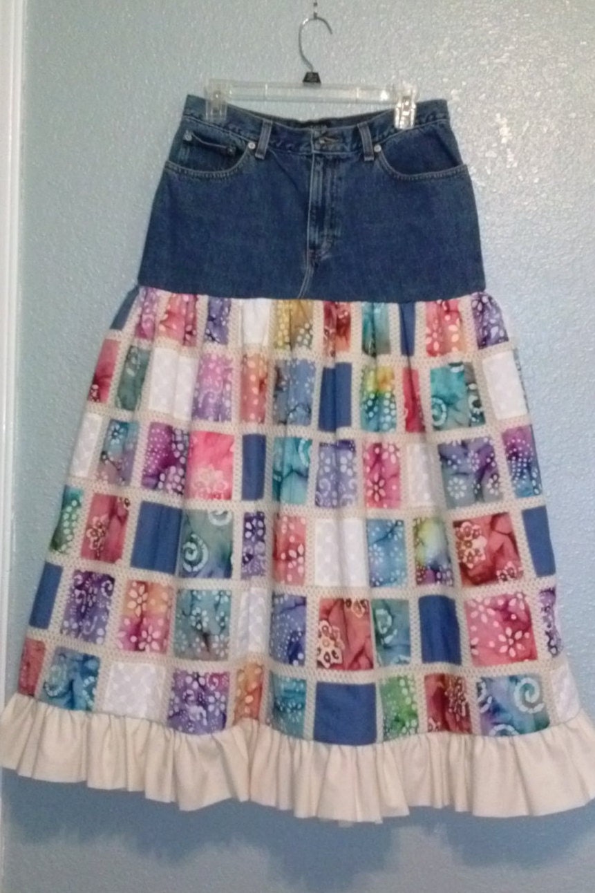 Upcycled Denim Patchwork Skirt Boho Skirt Romantic Skirt - Etsy