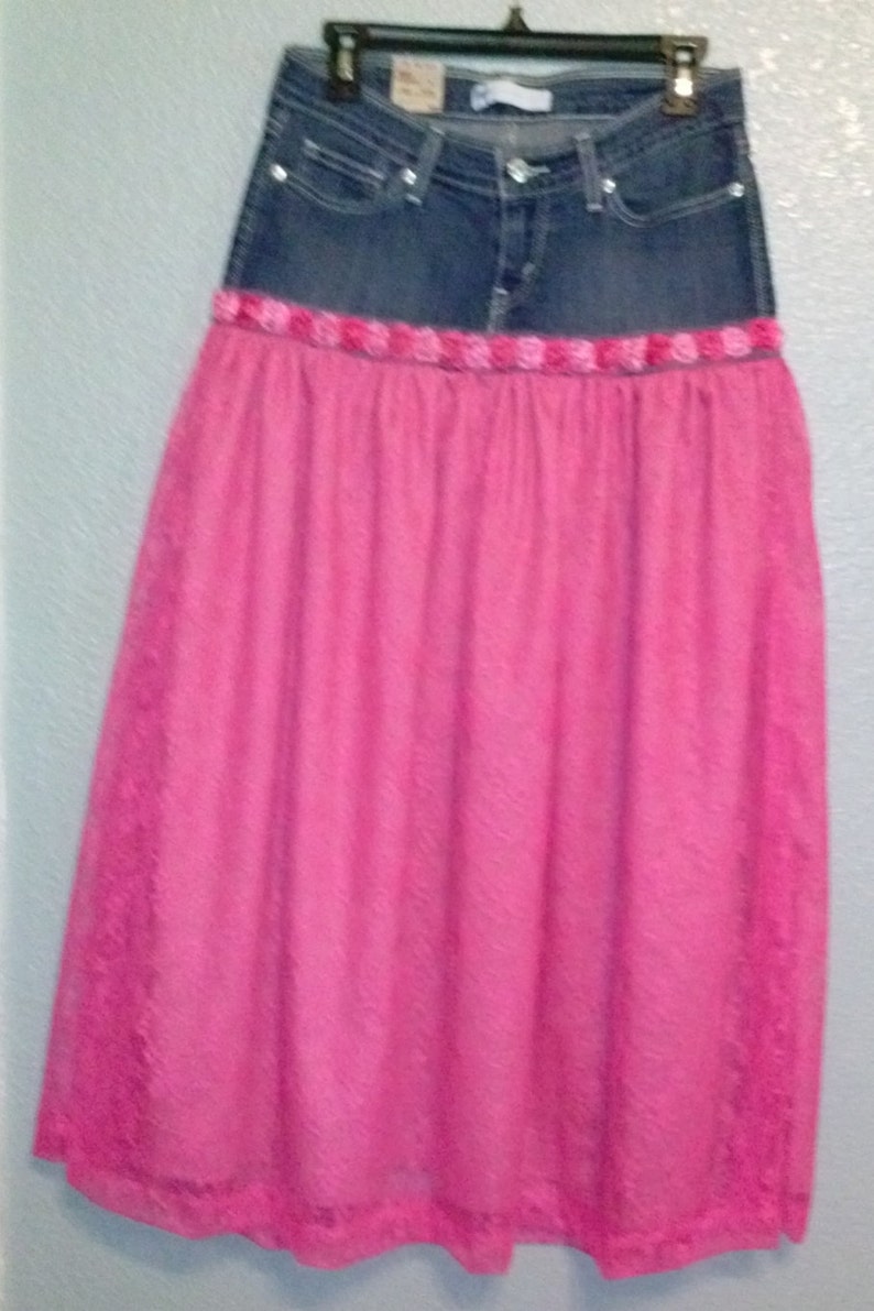 Upcylcled denim skir and lace skirt waist 30 bohemian | Etsy
