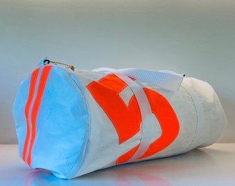 MEDIUM NEON ORANGE Upcycled Sail Cloth Duffle Bag Personalised Zero Waste Sports Duffel Bag Travel Bag Personalised gift SailBag