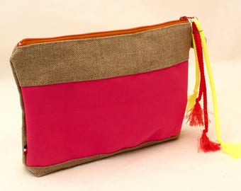 Cosmetic bag linen and neon pink Makeup Bag  Toiletry bag for Travel coin purse Linen clutch for woman