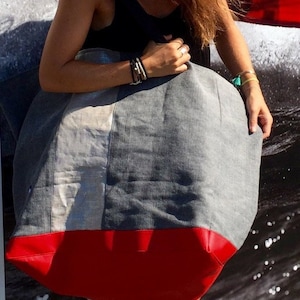 GIANT BEACH BAG xxl Tote Bag Beach Bag Cotton Linen Blend Canvas Red Faux Leather xl Woman Shoulder Bag Handmade Gray Weekender Travel Bag