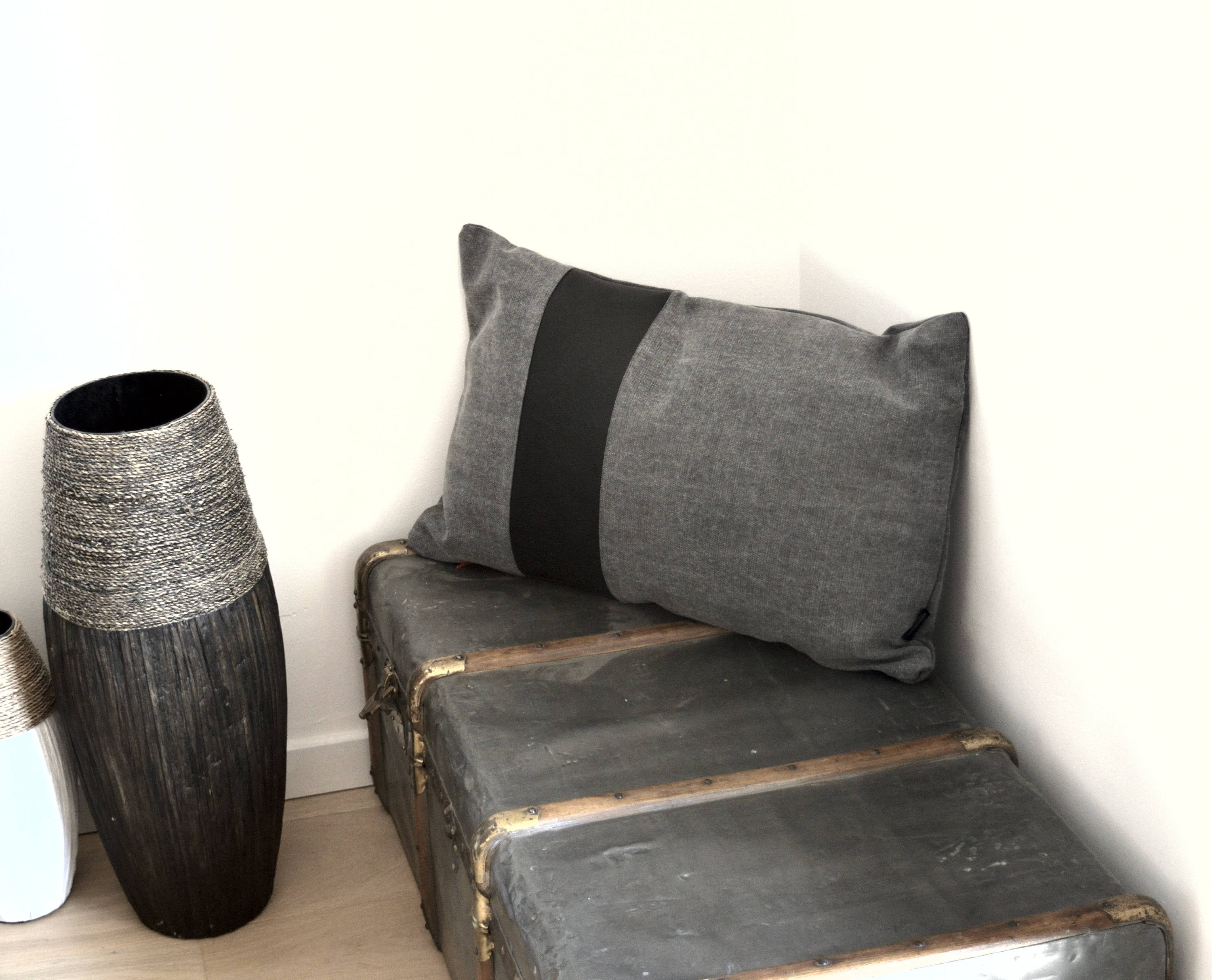 Handcrafted Designer Throw Pillow Cover Gray Linen Cotton Blend Black Leather Decorative Custom Made