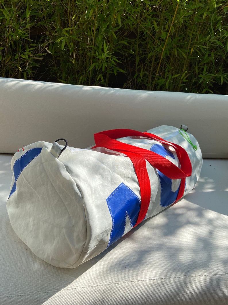 Upcycled Sail Cloth Duffle Bag Personalised Zero Waste Sports Duffel Bag Travel Bag Personalised gift image 1