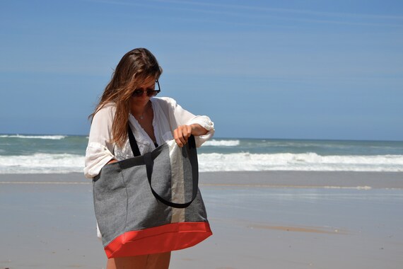 Beach Bag Large Tote Bag Gray Linen Cotton Blend Travel Bag Woman