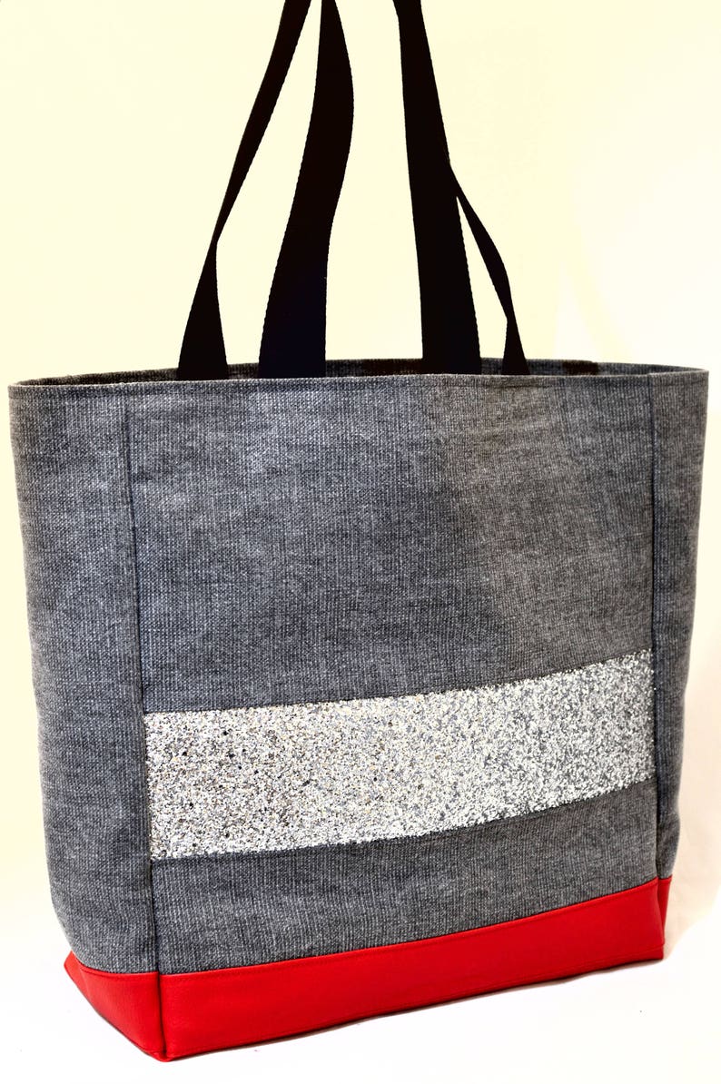 Glitter Tote Bag Woman Gray Linen Cotton Blend Canvas Red Faux - Etsy