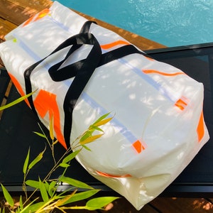 XL TRAVEL Bag Duffle Upcycled Sail Cloth Square Travel Bag 2 Zippers  Zero Waste Sports Duffel Sail Bag Travel Bag Personalized gift