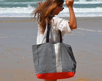 Large Beach Bag Gray Cotton Linen Blend Red Faux Leather Bottom Large Tote Bag Woman Weekender Bag Vegan Tote Bag  Gym Bag Woman Laptop Bag