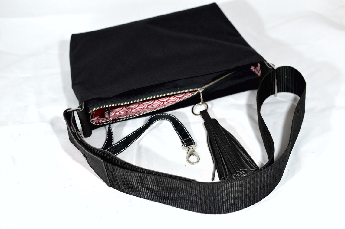 Black Canvas Black Leather Crossbody Bag Canvas Purse Handmade Etsy