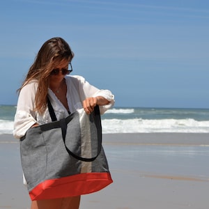 Woman Water Resistant Tote Bag Handmade with Linen Cotton Blend Red Faux Leather Bottom Waxed Cotton Lining