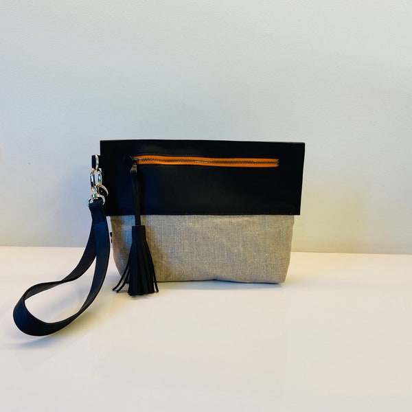 Pochette en cuir et lin ciré Made in France Wristlet Evening Purse cuir bracelet portefeuille femme cadeau Golf Cart Bag