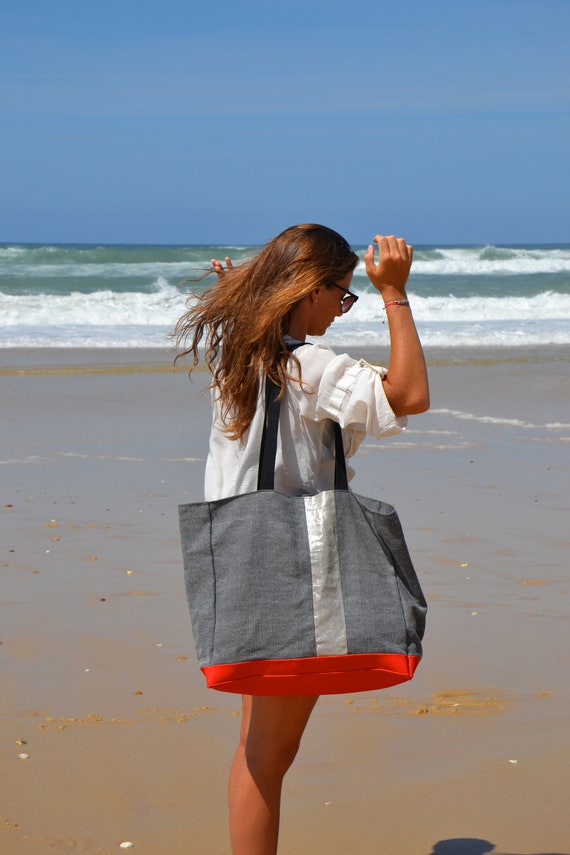 Beach Bag Large Tote Bag Gray Linen Cotton Blend Travel Bag Woman