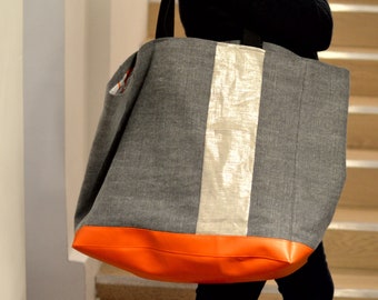 XL Tote Bag Gray Linen Cotton Blend Canvas Orange Faux Leather Bottom Woman Vegan Beach Bag Travel Bag Diaper Bag  Messenger Bag Daily Bag