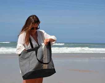 Extra Large Tote Bag Gray Linen Cotton Blend faux Leather Bottom Handmade Beach Bag Woman Travel Bag Carry On Weekender Tote Diaper Bag