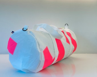 NEON PINK Upcycled Sail Cloth LARGE Duffle Bag Personalised Zero Waste Sports Duffel Bag Travel Bag Personalised gift SailBag