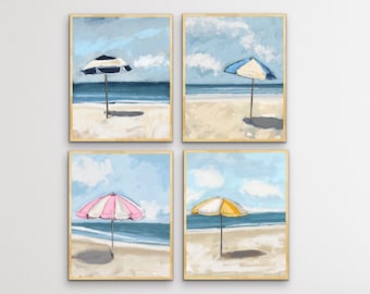 Pink Blue Green Beach Wall Art, Colorful Beach Umbrellas Print Set, Beach Decor, Beachy Vibe Art Prints on Paper, Modern Coastal Decor,