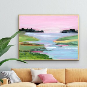 Pink Sky Waterfalls Reflections Print, Landscape Waterscape Large Wall Art, Impressionist Art, Pink Green Blue, Modern Farmhouse, Coastal