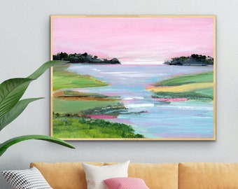 Pink Sky Waterfalls Reflections Print, Landscape Waterscape Large Wall Art, Impressionist Art, Pink Green Blue, Modern Farmhouse, Coastal