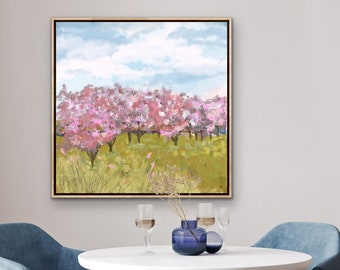 Cherry Blossom Trees, Cherry Tree Wall Art, Impressionist Landscape Painting Fine Art Print, Museum Quality Art, Square, 24x24, 36x36