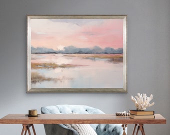 Landscape Print, Pink Sunrise Reflections On the Water Artwork, Waterscape Large Wall Art, Impressionist Art, Cottagecore Fine Art Print,
