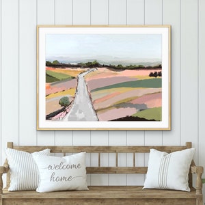 Abstract Landscape Wall Art, Pink Fields Mountains Skyline, Modern Landscape Wall Art, Museum Quality Giclee Canvas Print, SallieO