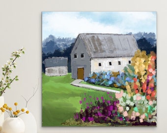 Barn and Flower Print, Modern Farmhouse Decor, Country Estate Floral Painting, Colorful Spring Flowers, Square Print, 24x24, 36x36