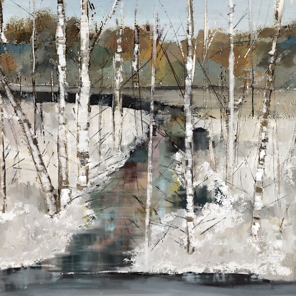 Winter Birch Trees Wall Art, Modern Farmhouse Abstract Landscape Artwork, Giclee Canvas Print, Snow, Ice, 24x24,36x36,40x40