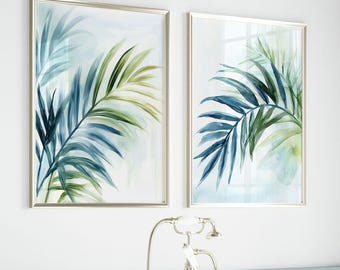 Set of Two Botanical Palm Leaf Art Prints, Blue and Green Modern Coastal Beach House Artworks