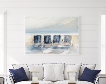 Coastal Wall Art Beach Landscape Art Modern Home Decor, Blue Beach Chairs In the Sand, Summer Artwork, Art Print on Stretched Canvas