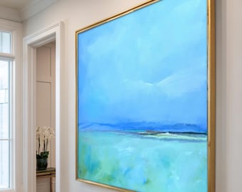 Coastal Landscape Wall Art Print in Pastel Blue and Green, Family Room Painting Gift for Coastal Art Lovers, Giclee Print