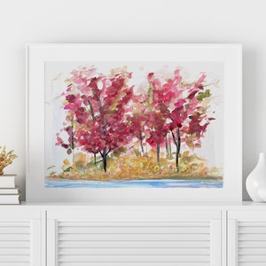 Maple Tree Watercolor Painting, Watercolor Wall Art Red and Pink Trees, Horizontal Landscape Wall Art, Abstract Art Print