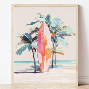 Coastal Surfboard Art Print: Pink Palm Beach Tropical Decor