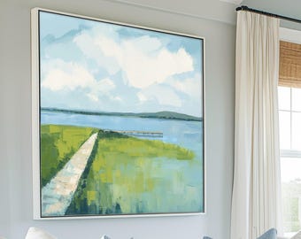 Chesapeake Bay Wall Art Print, Blue Green Marsh Landscape Painting, Modern Coastal Decor, Family Room Art