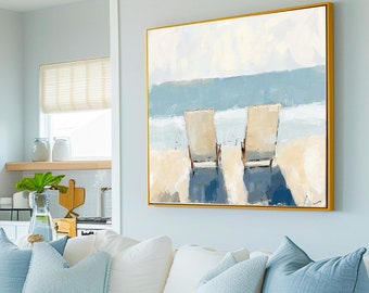 Beach Chairs Wall Art Print Coastal Landscape Painting Modern Beach Decor Neutral Tone Beach Vibe Artwork Peaceful Seaside Print