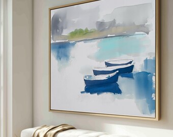 Blue Boats Wall Art Print, Nautical Watercolor Beach House Decor, Abstract Seascape Artwork, Wrapped Canvas with Floating Frame Option