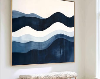 Abstract Ocean Wave Wall Art Print, Modern Beach House Artwork, Navy Blue Coastal Design