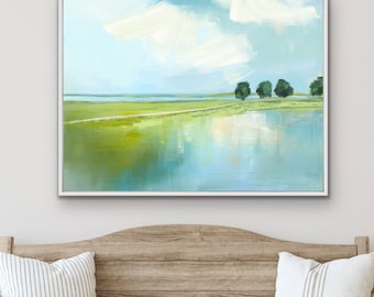 Marsh Landscape Wall Art, Blue and Green Coastal Painting, Family Room Art, Cottagecore decor,