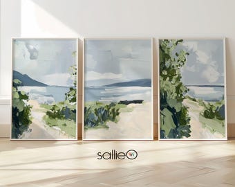 Set of Three Coastal Beach Prints, Soft Landscape Wall Artworks, Neutral Blue and Green Seascapes
